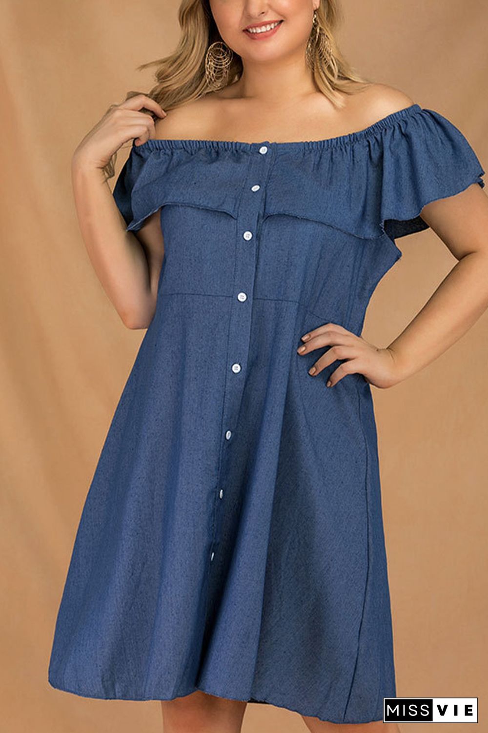 Off Shoulder Button Down Ruffle Denim Plus Size Dress Wholesale