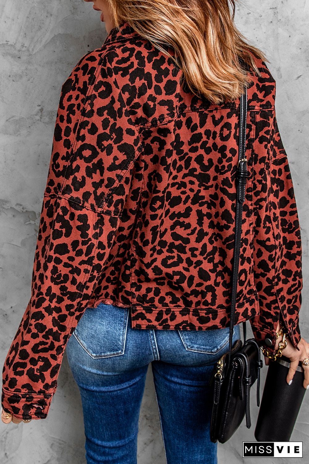 Brown Leopard Print Raw Hem Buttoned Cropped Jacket