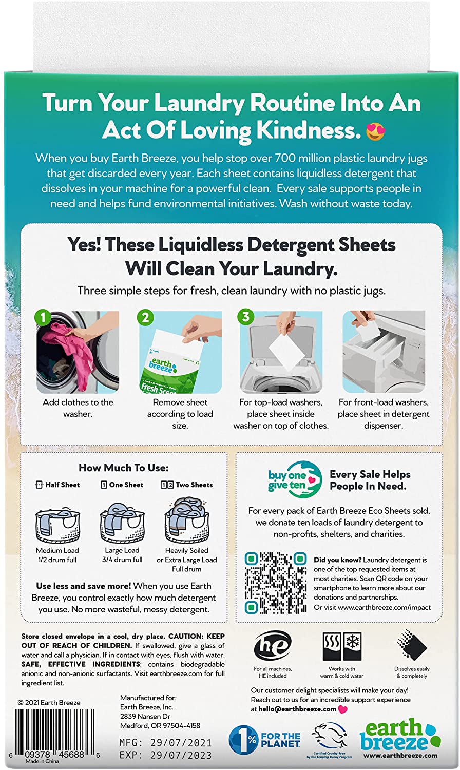 Earth Breeze Laundry Detergent Sheets，Fresh Scent ， 30 Sheets， Liquidless Technology 28324924