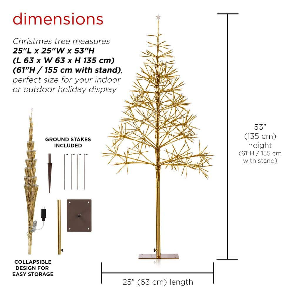 Alpine Corporation 53/61 in. Tall Indoor/Outdoor Artificial Christmas Tree with Warm White LED Lights, Gold CRD111S-GD