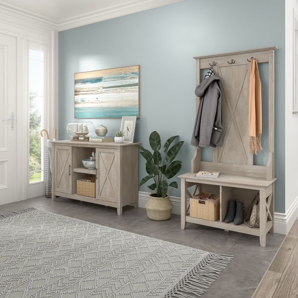 Bush Furniture Key West Entryway Storage Set with Hall Tree， Shoe Bench and 2 Door Cabinet in Washed Gray