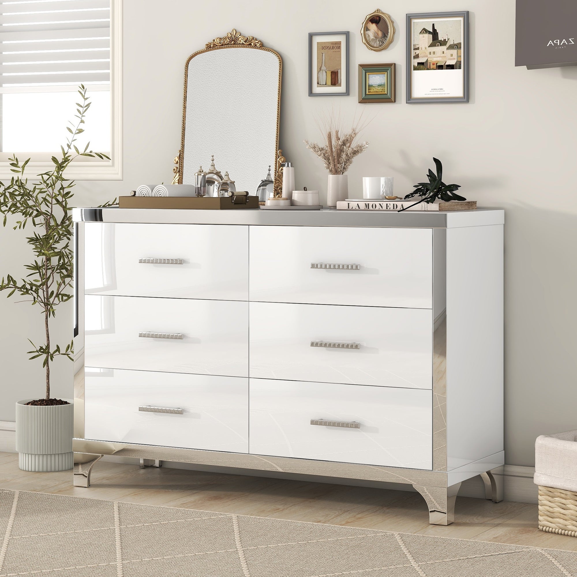 Elegant Mirrored Storage Cabinet， High Gloss 6 Drawers Dresser with Metal Handle - - 37846140