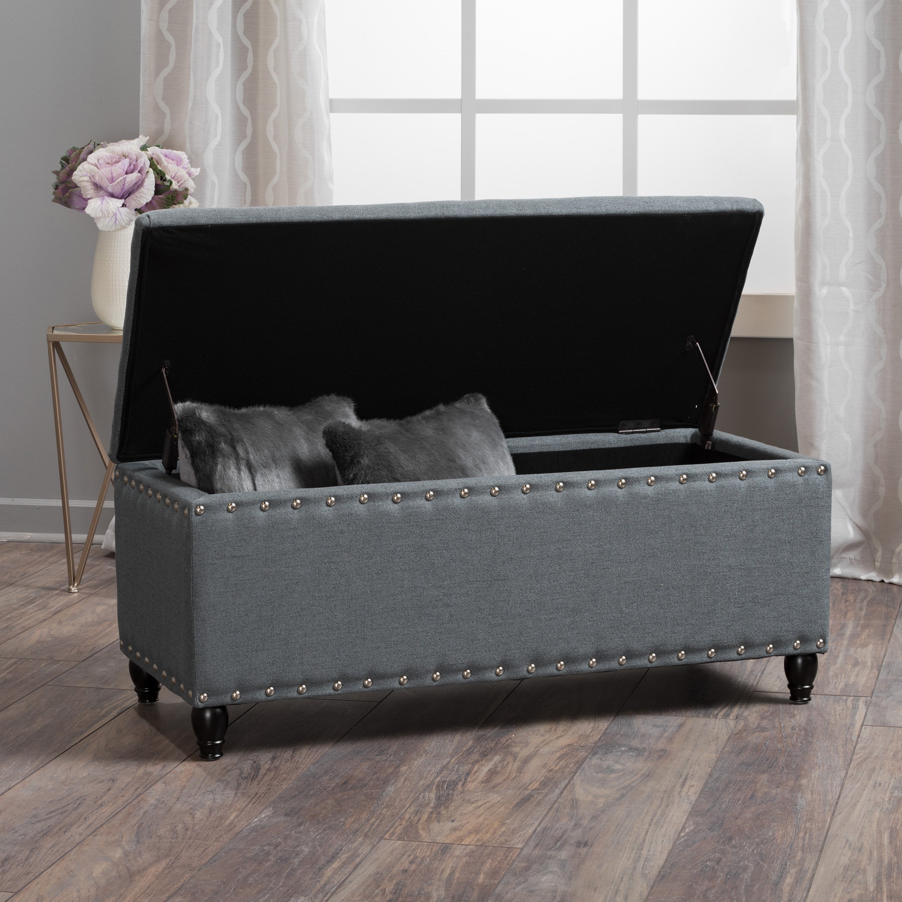 Tatiana Contemporary Fabric Storage Ottoman with Nailhead Trim