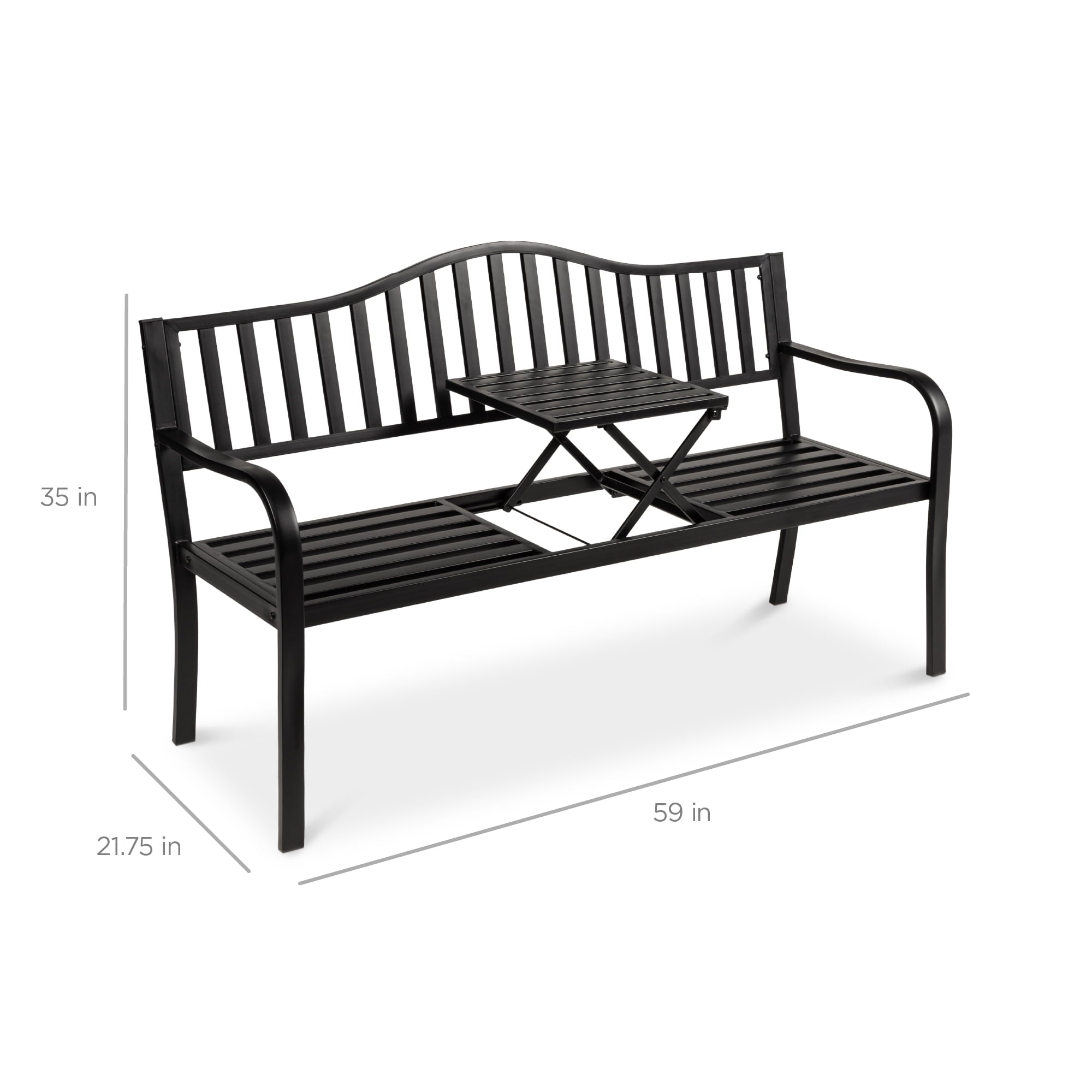 Best Choice Products Outdoor Garden Steel Patio Porch Bench with Pullout Middle Table w/ Weather-Resistant Frame - Black