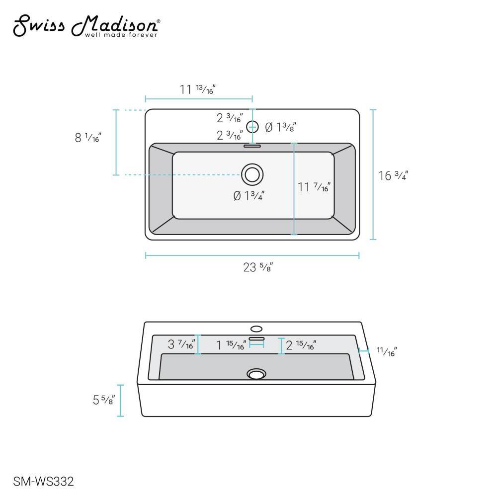 Swiss Madison Claire 23.63 in. Rectangle Wall Mount Bathroom Sink in Glossy White SM-WS332