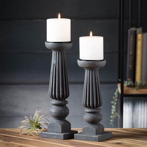 amp 11 25 quot Ribbed Cool Gray Candle Holders Set Of 2 Wood