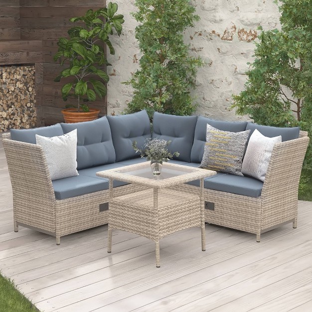 4pc Wicker Adjustable Patio Seating Set With Cushions Natural gray Godeer