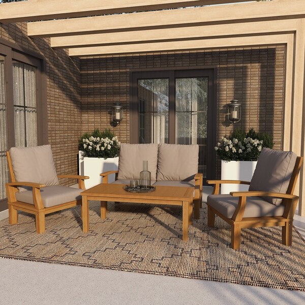 Brown Teak Wood Arm Chair and Loveseat Outdoor Seating Set with Cushions and Coffee Table (Set of 4)