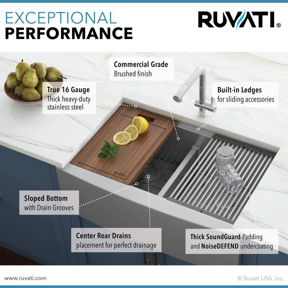 Ruvati Apron-Front Stainless Steel 33 in. 16-Gauge Workstation Double Bowl 60-40 Farmhouse Kitchen Sink RVH9201