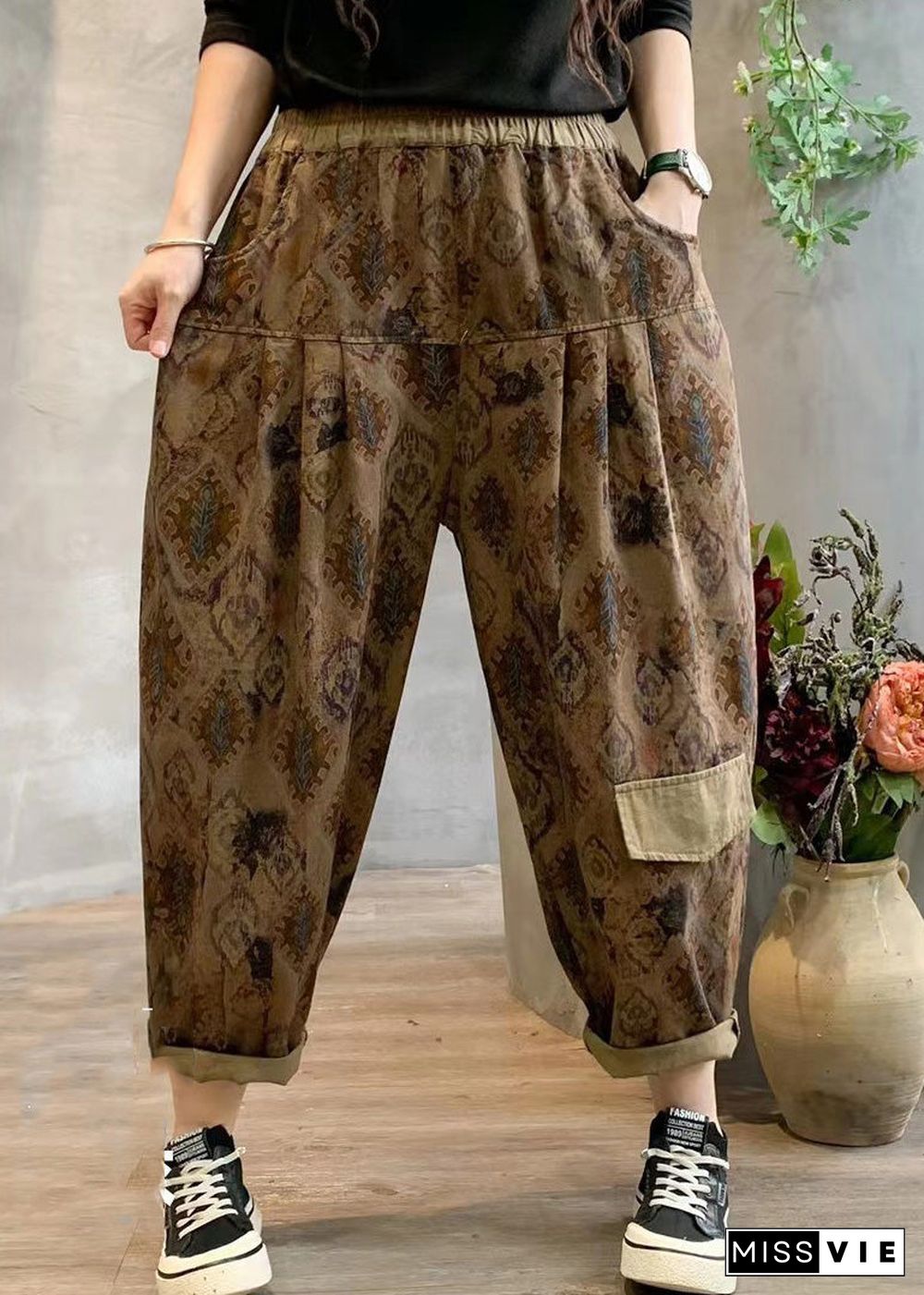 Stylish Purple Print Linen Harem Pants Summer