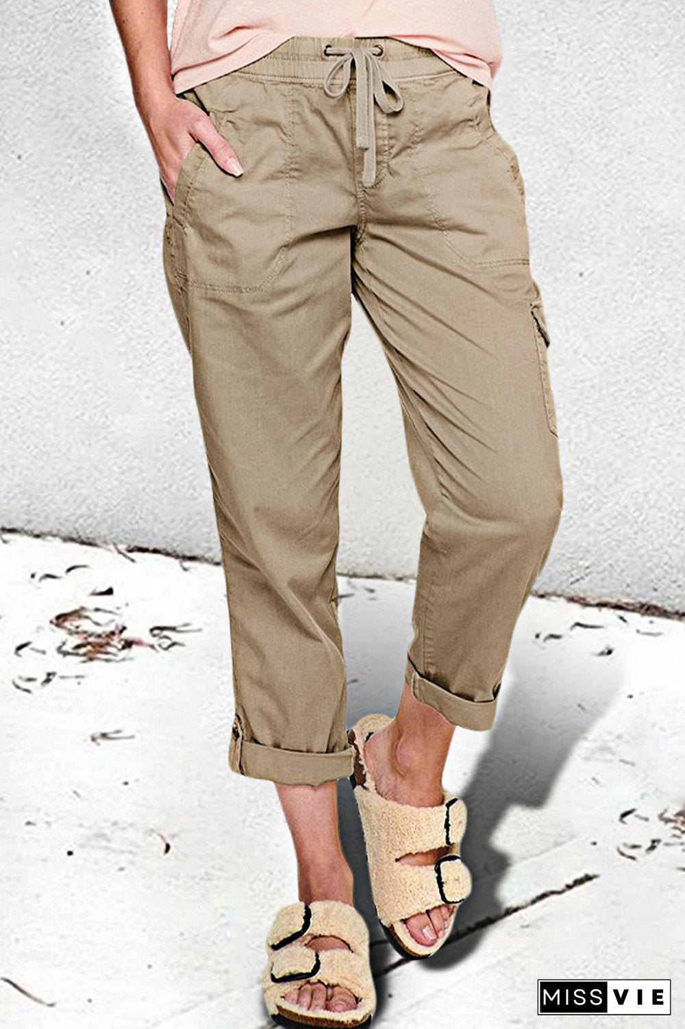 Solid Drawstring Roll Hem Flap Pocket Pants