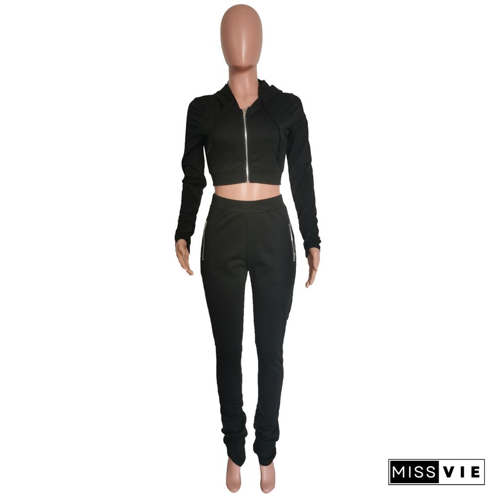 Solid Zipper Hooded Crop Top and Pants Suit