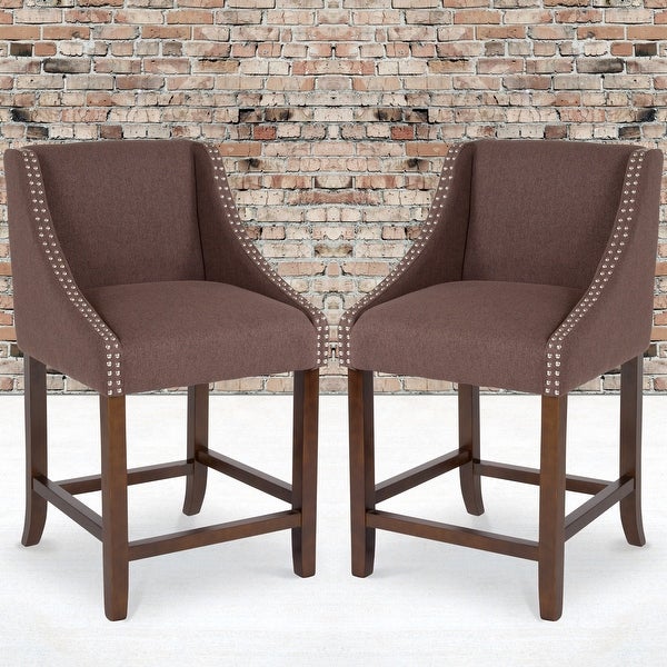 Brown Fabric Upholstered Counter Height Dining Stools with Nailhead Trim