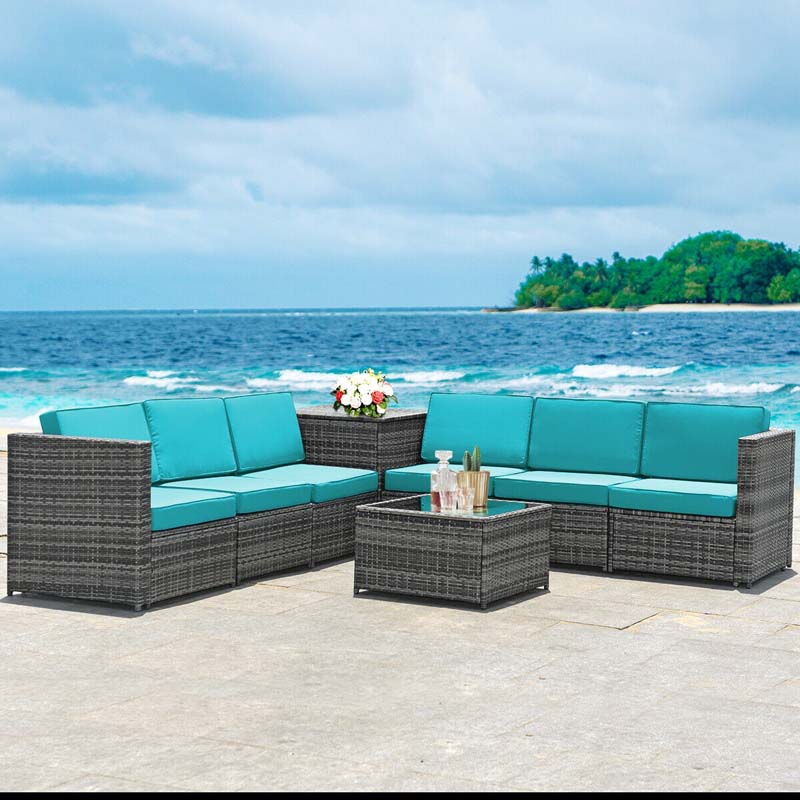 8 Pcs Rattan Patio Sectional Sofa Couch Set Outdoor Wicker Furniture Set with Storage Table & Cushions