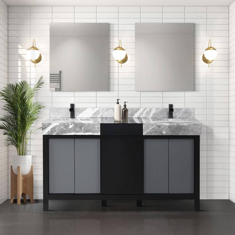 Lexora Zilara 60 in W x 22 in D Black and Grey Double Bath Vanity Castle Grey Marble Top and Matte Black Faucet Set LZ342260DLISFCM