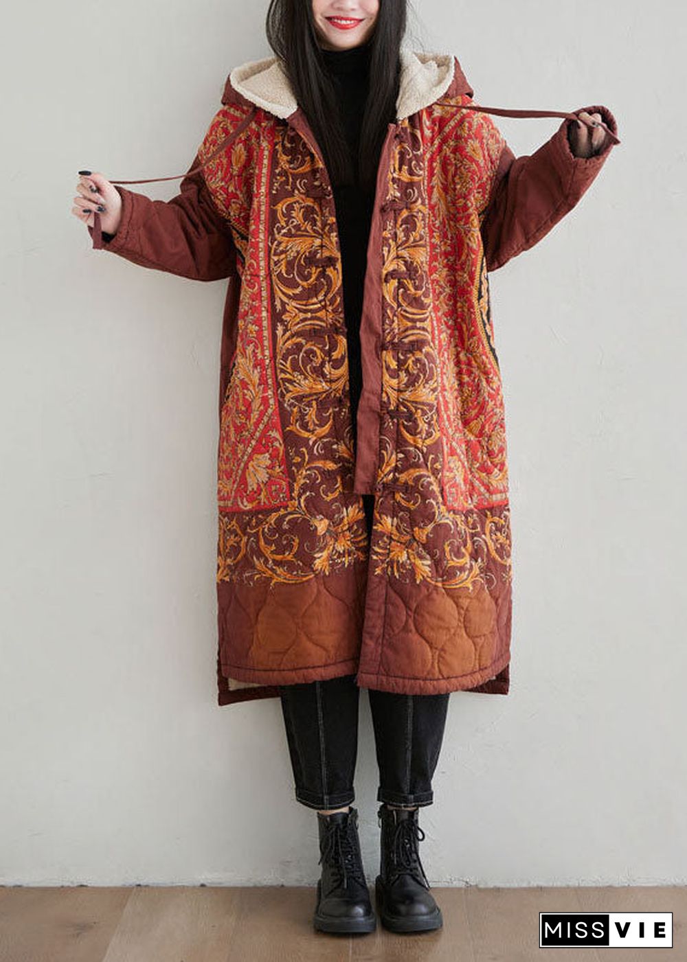 Oriental Red Hooded Embroideried Warm Fleece Fine Cotton Filled coats Winter