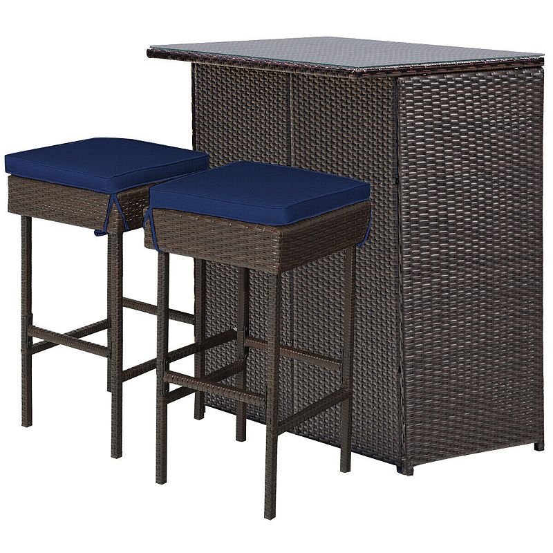 3 Pieces Patio Rattan Wicker Bar Table Stools Dining Set