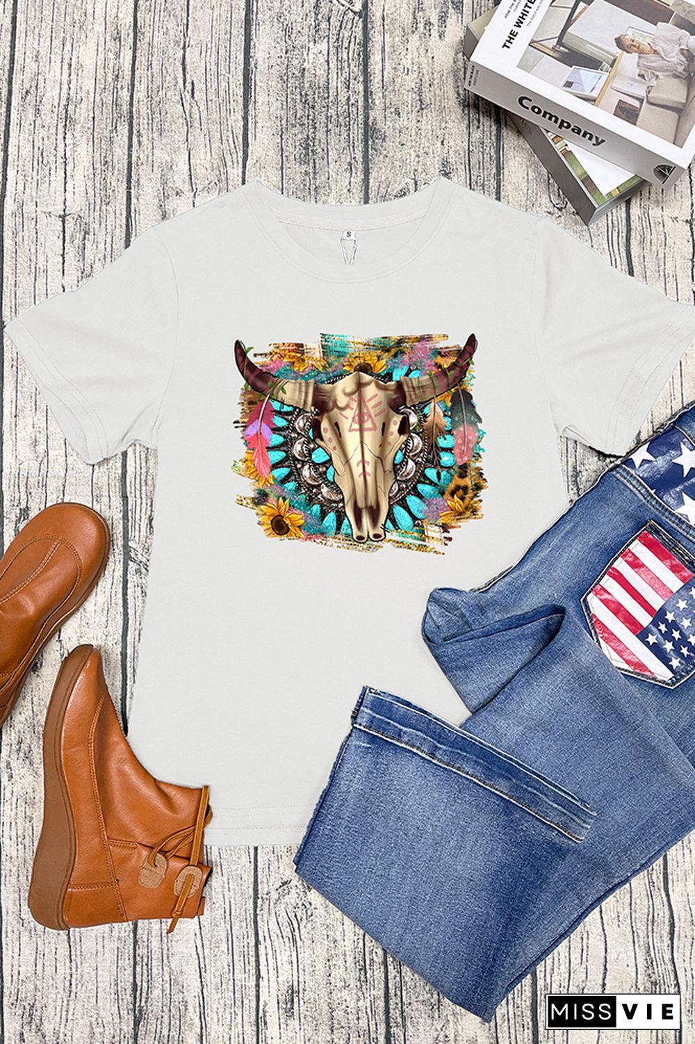 Western Boho Skull Pngturquoise And Leopard Short Sleeve Graphic Tee Wholesale