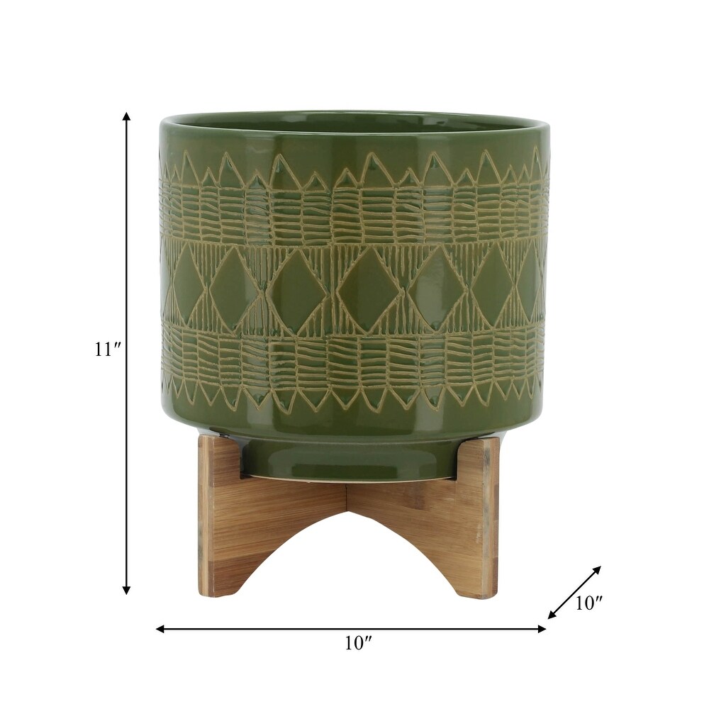 Handmade Olive Green Ceramic Planter on Natural Wood Stand