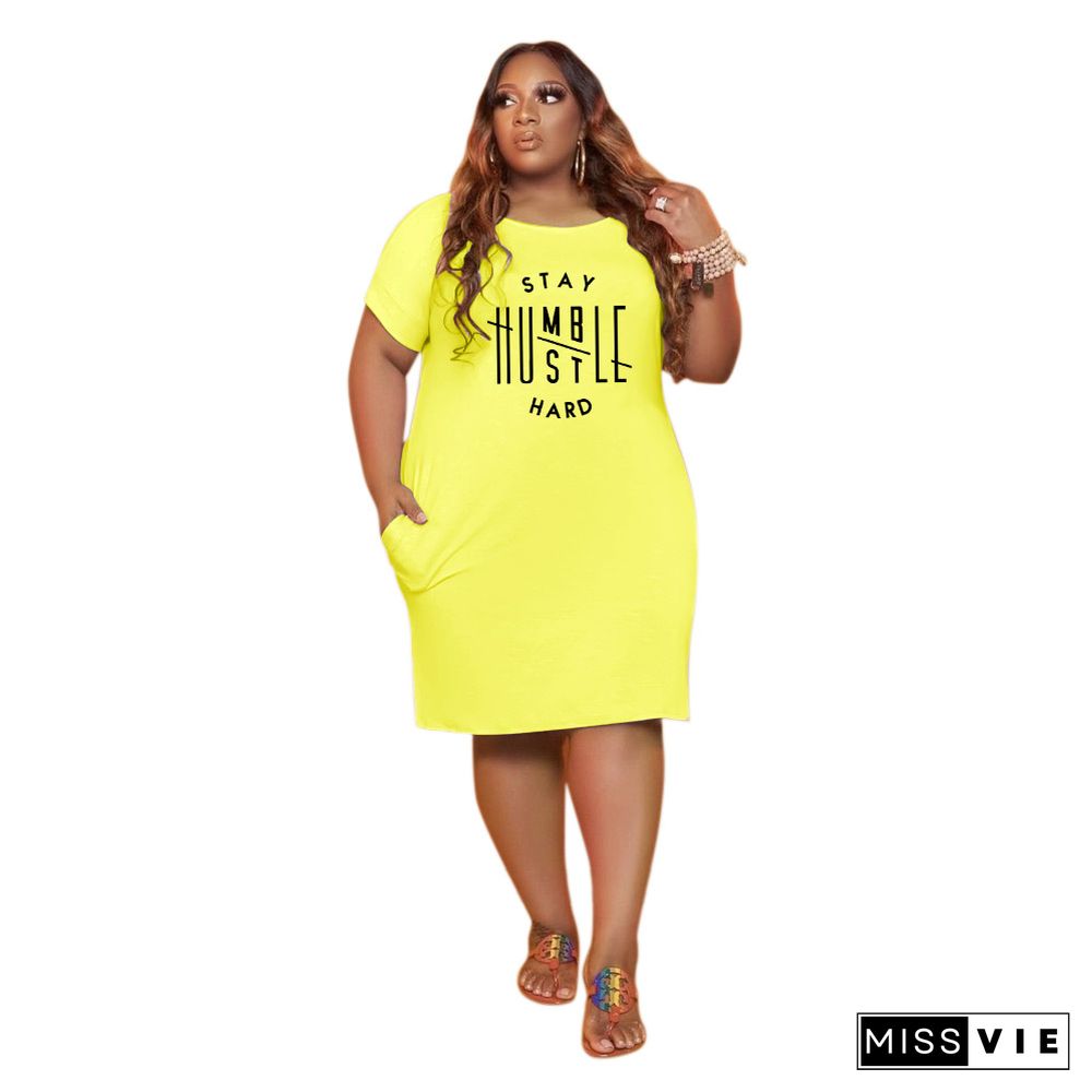 Plus Size Women Letter Print Short Sleeve Round Neck Pocket Classic T-Shirt Style Loose Knee Length Dresses