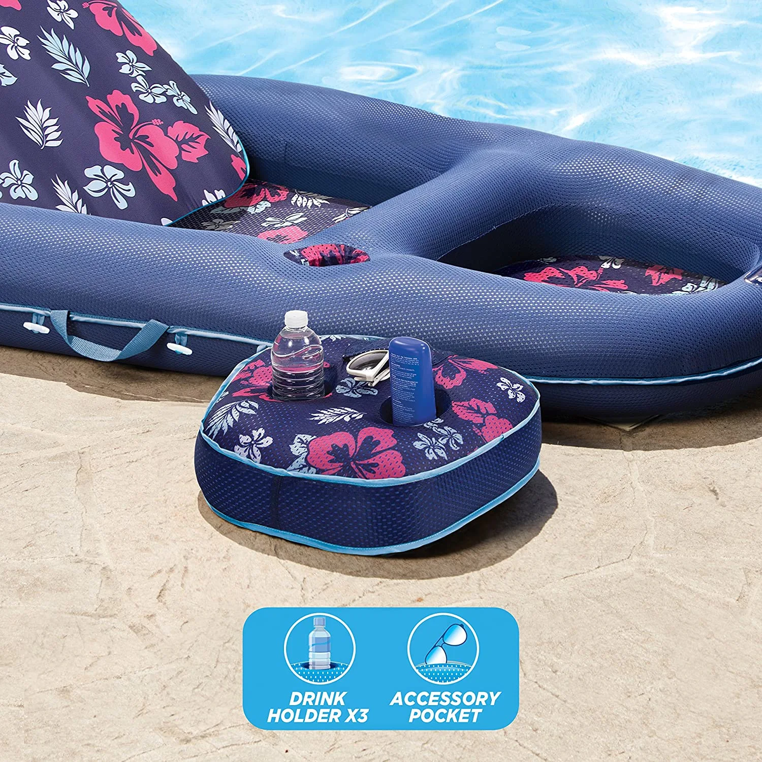 Aqua Campania Ultimate 2-in-1 Pool Float Lounge – Extra Large – Inflatable Pool Floats for Adults with Adjustable Backrest and Cupholder Caddy – Navy Hibiscus