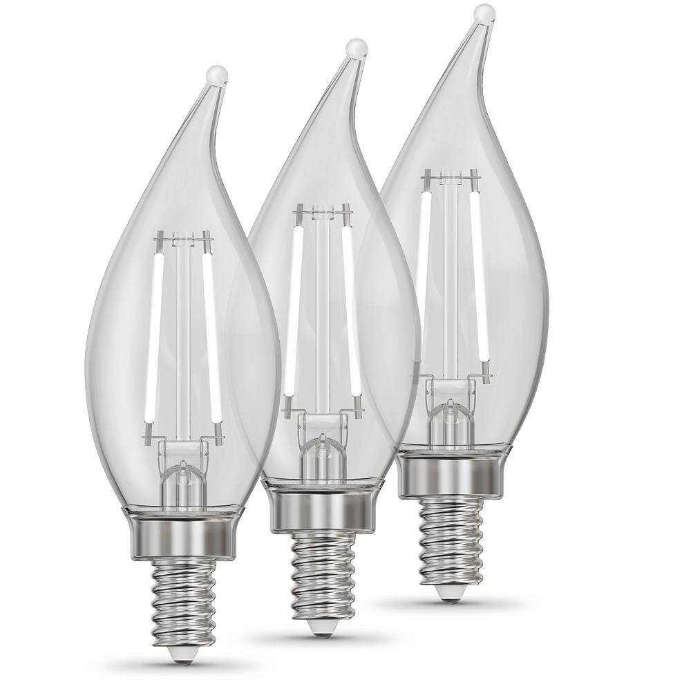 Feit Electric 60-Watt Equivalent BA10 E12 Candelabra Dim White Filament Clear Glass Chandelier LED Light Bulb Soft White 2700K(3-Pack) CFC60927CAWFILHDRP3