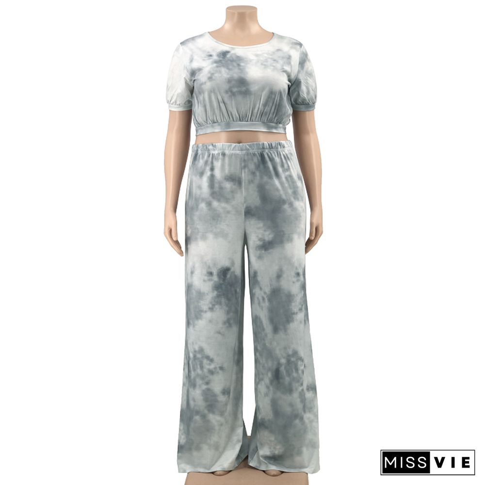 Tie Dye Short Sleeve Crop Tops Wide Leg Pants Set