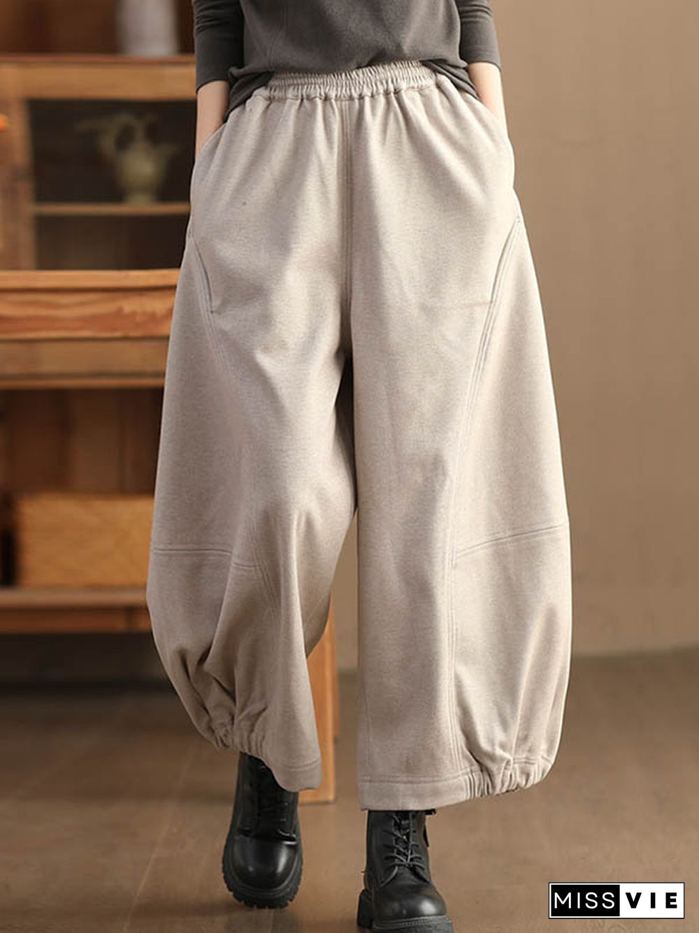 High Waisted Loose Drawstring Elasticity Pleated Solid Color Pants Trousers