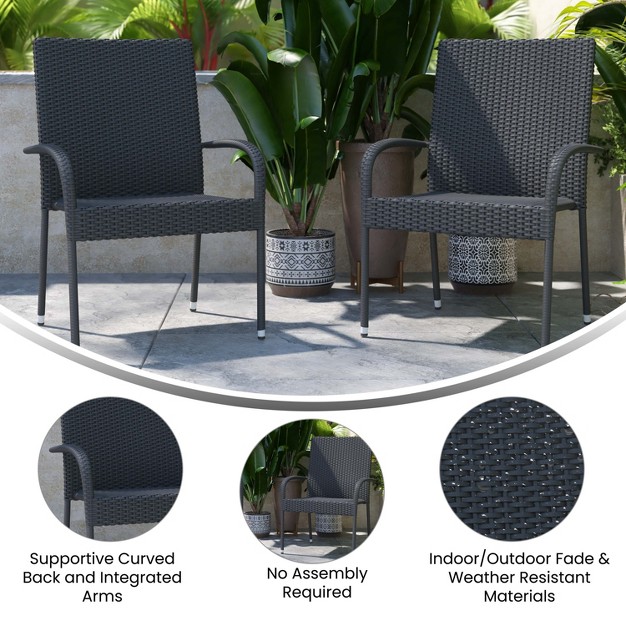 Merrick Lane Set Of Indoor outdoor Black Wicker Patio Chairs With Powder Coated Steel Frame Comfortably Curved Back And Arms