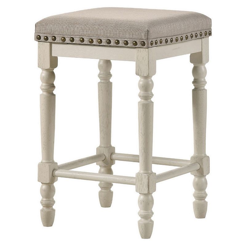 24 Inch Counter Height Stool， Luxe Nailhead Trim， Set of 2， Antique White