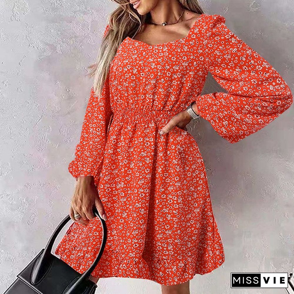 Spring Autumn Women Floral Print Mini Dress Puff Long Sleeve Square Neck Ruffled Hem Party Casual Pleated Short Dress Plus Size