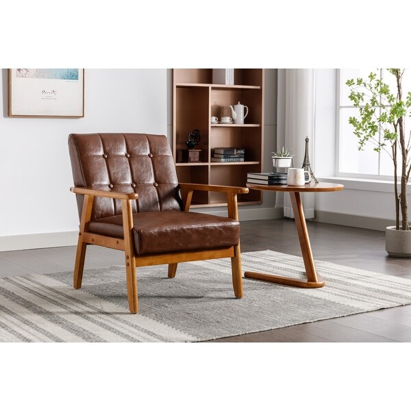 Mid-Century PU Leather Button Lounge Chairs， Modern Solid Wood Armrest Accent Chair， for Living Room Bedroom Studio