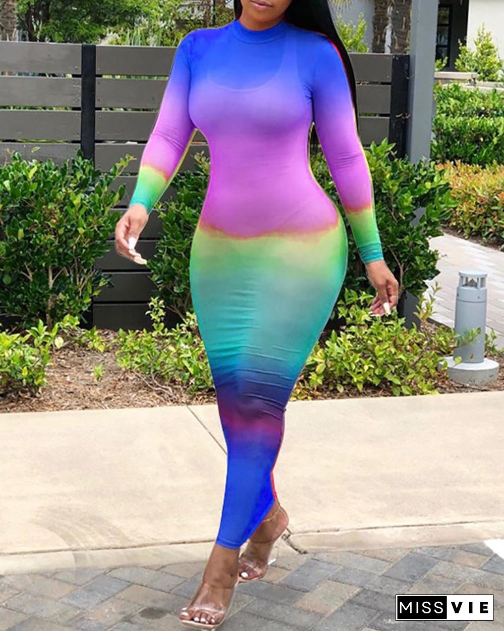 Long Sleeve Colorblock Sheer Maxi Dress