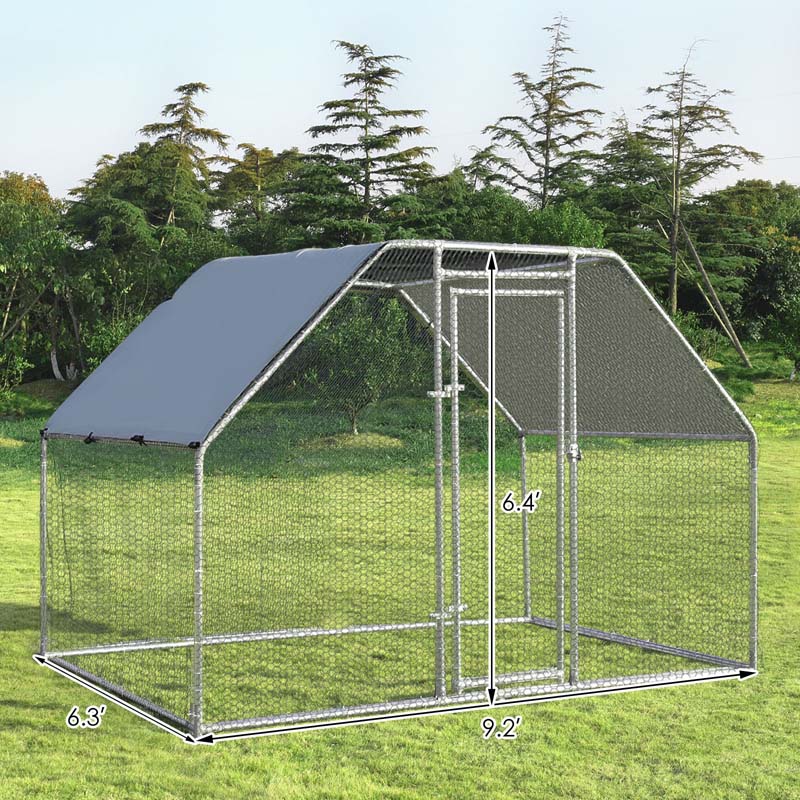 9.5' x 6.5' x 6' Galvanized Metal Large Walk-in Chicken Coop Cage Runs Hen House with Cover & Lockable Door