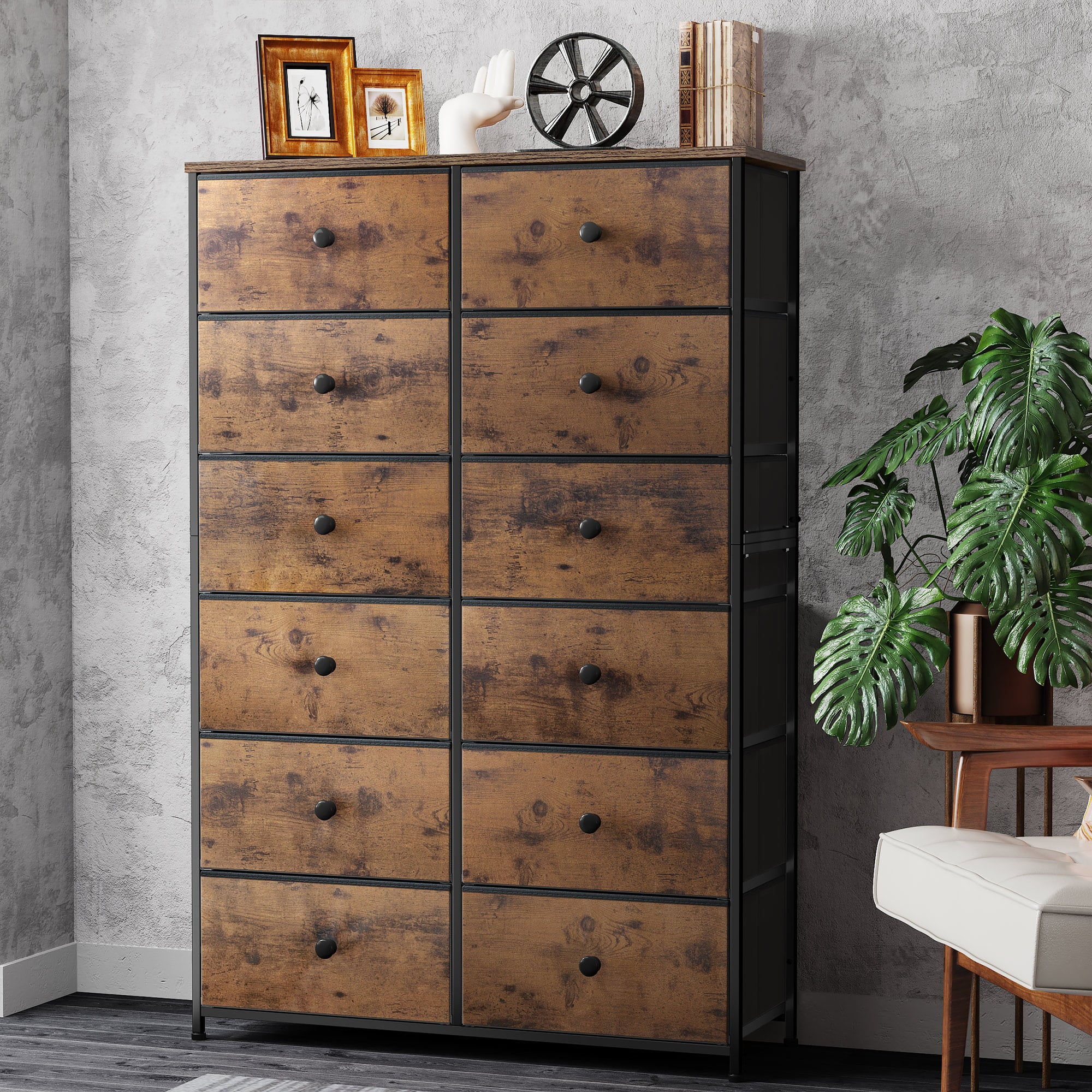 EnHomee Tall Dresser for Bedroom Dresser Fabric Chest of Drawers with 12 Drawer Dresser Rustic Slim Dresser Storage Tower for Closet, Playroom, Bedroom, Nursery, Living Room, Rustic Brown