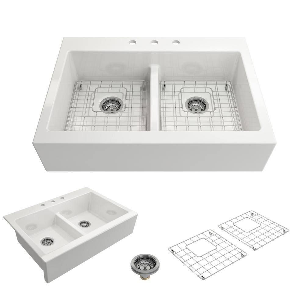 BOCCHI Nuova White Fireclay 34 in. Double Bowl Drop-In Apron Front Kitchen Sink with Protective Grids and Strainers 1501-001-0127