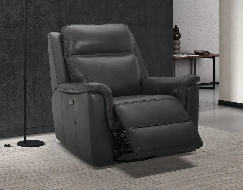 Kobe Dark Gray Leather-Match Gliding Swivel Power Recliner