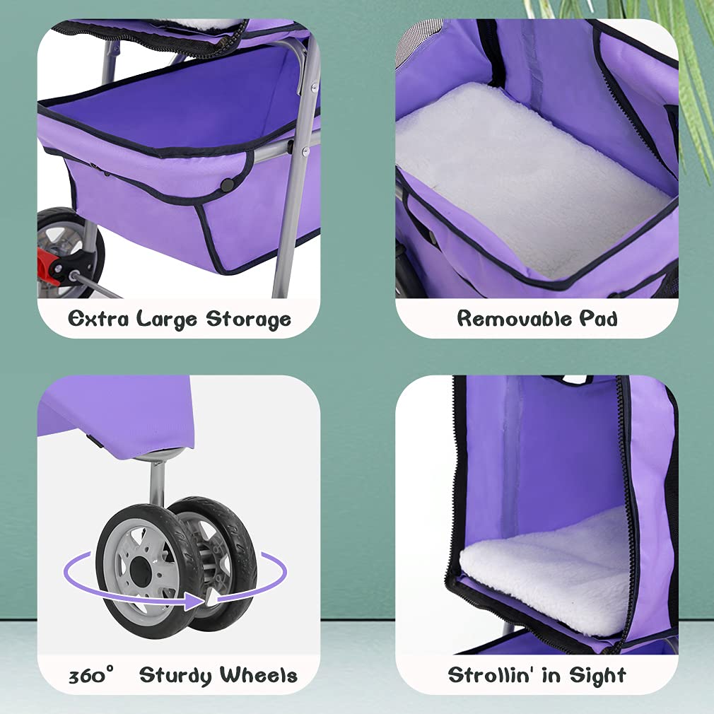 BestPet 3 Wheel Collapsible Pet Stroller，Purple