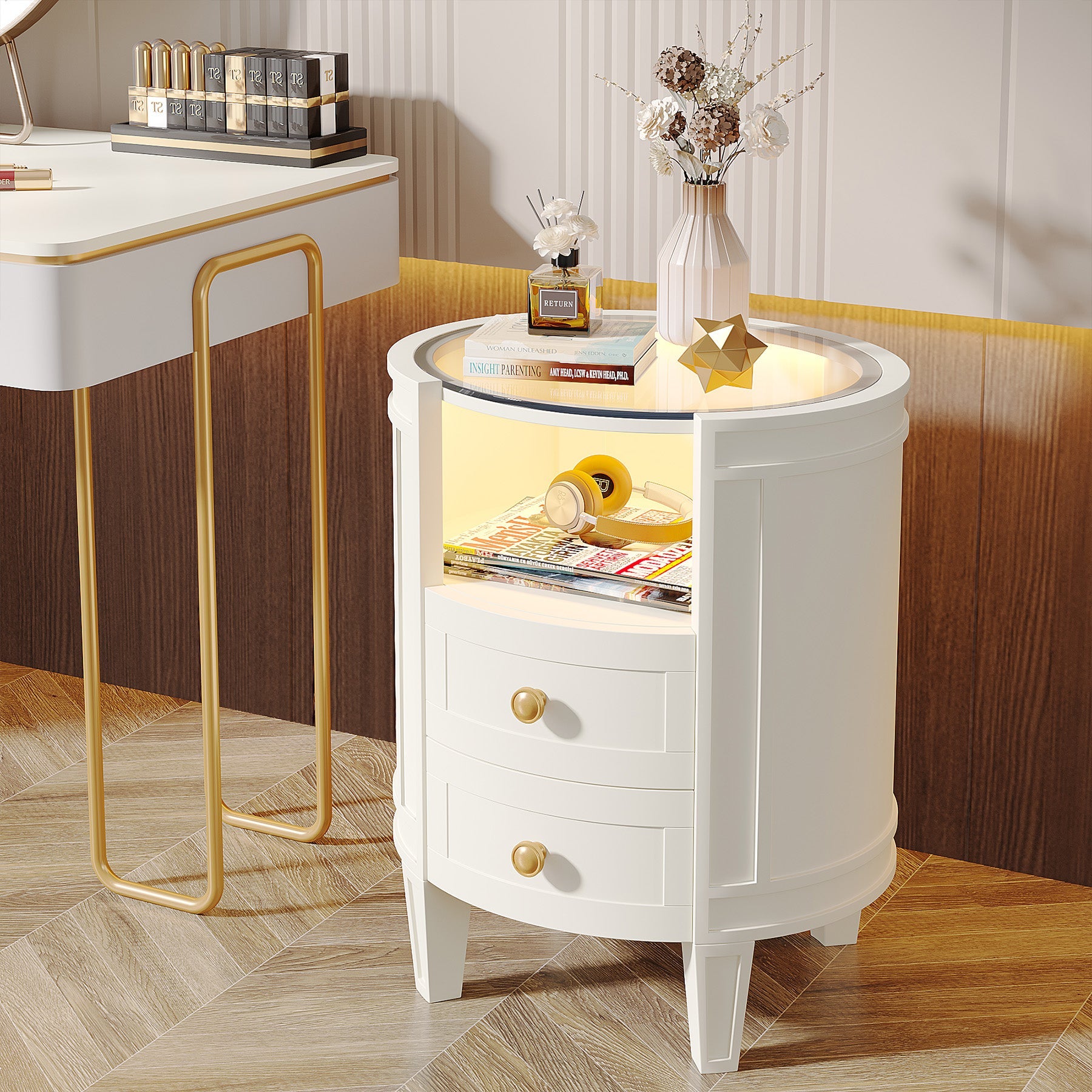 2-Drawer Nightstand with LED Light, Modern Side Table with Glass Tabletop