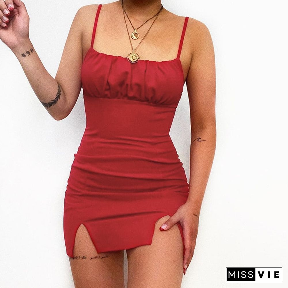 Back To School Outfit  Women Sleeveless Double Split Dress Fashion Summer Solid Color Spaghetti Strap Mini Bodycon Dress Chic Ladies Pleated Sundress