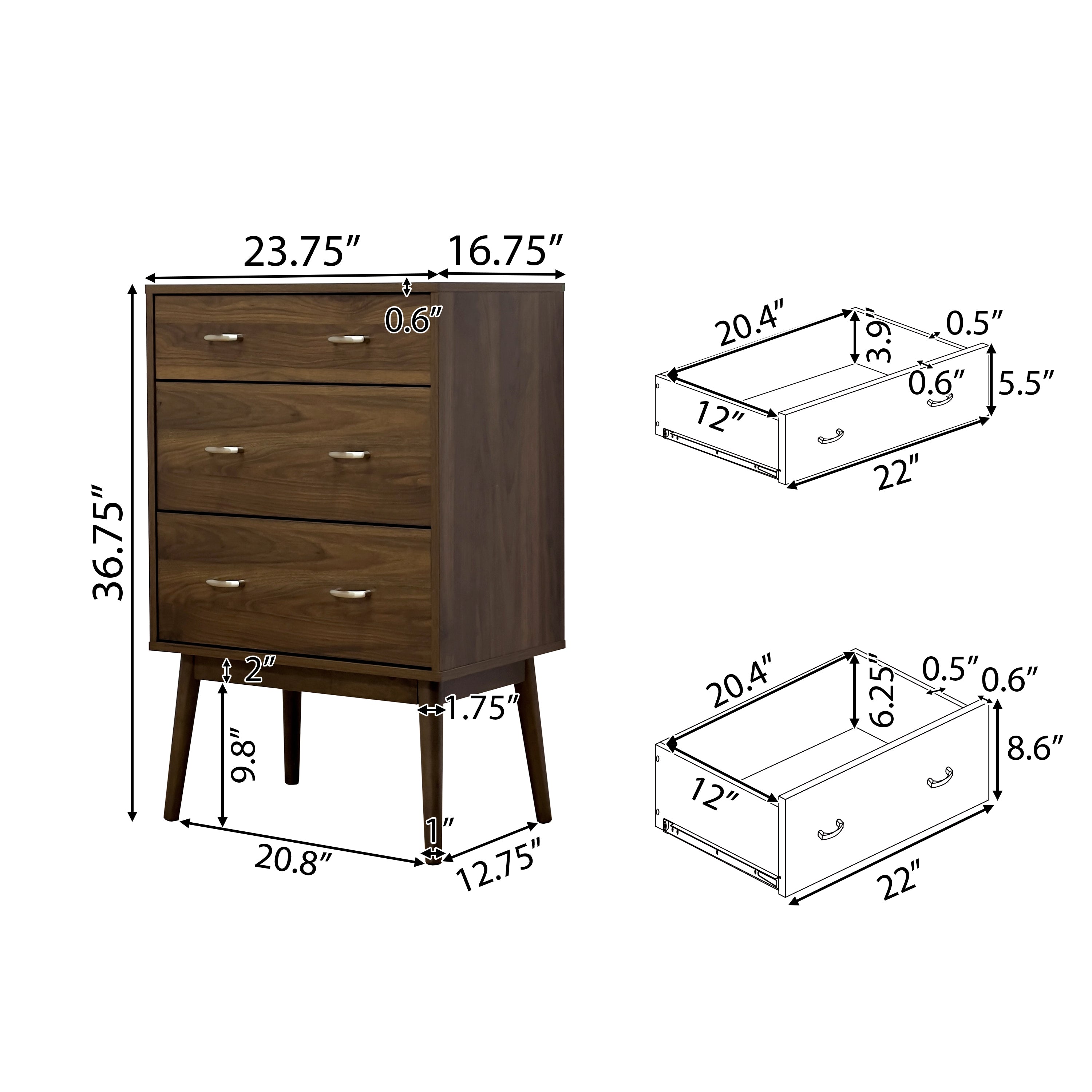 Wilbur Mid Century Wooden 3 Piece 3 Drawer Dresser and Nightstand Bedroom Set