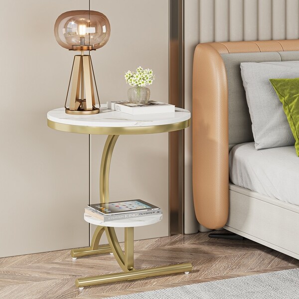 Round Coffee Table with Storage Shelf for Home and Living Room，Marble Look Side and Corner Table，Sofa End Table，Night Stand