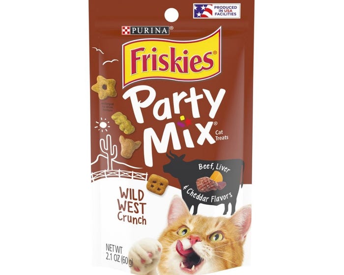 Purina Friskies Party Mix Wild West Crunch Adult Cat Treats， 2.1 oz. Pouch