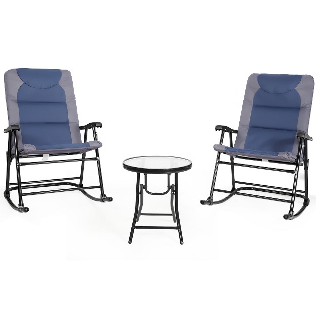 Costway 3pcs Folding Bistro Set Rocking Chair Cushioned Table Garden Blue