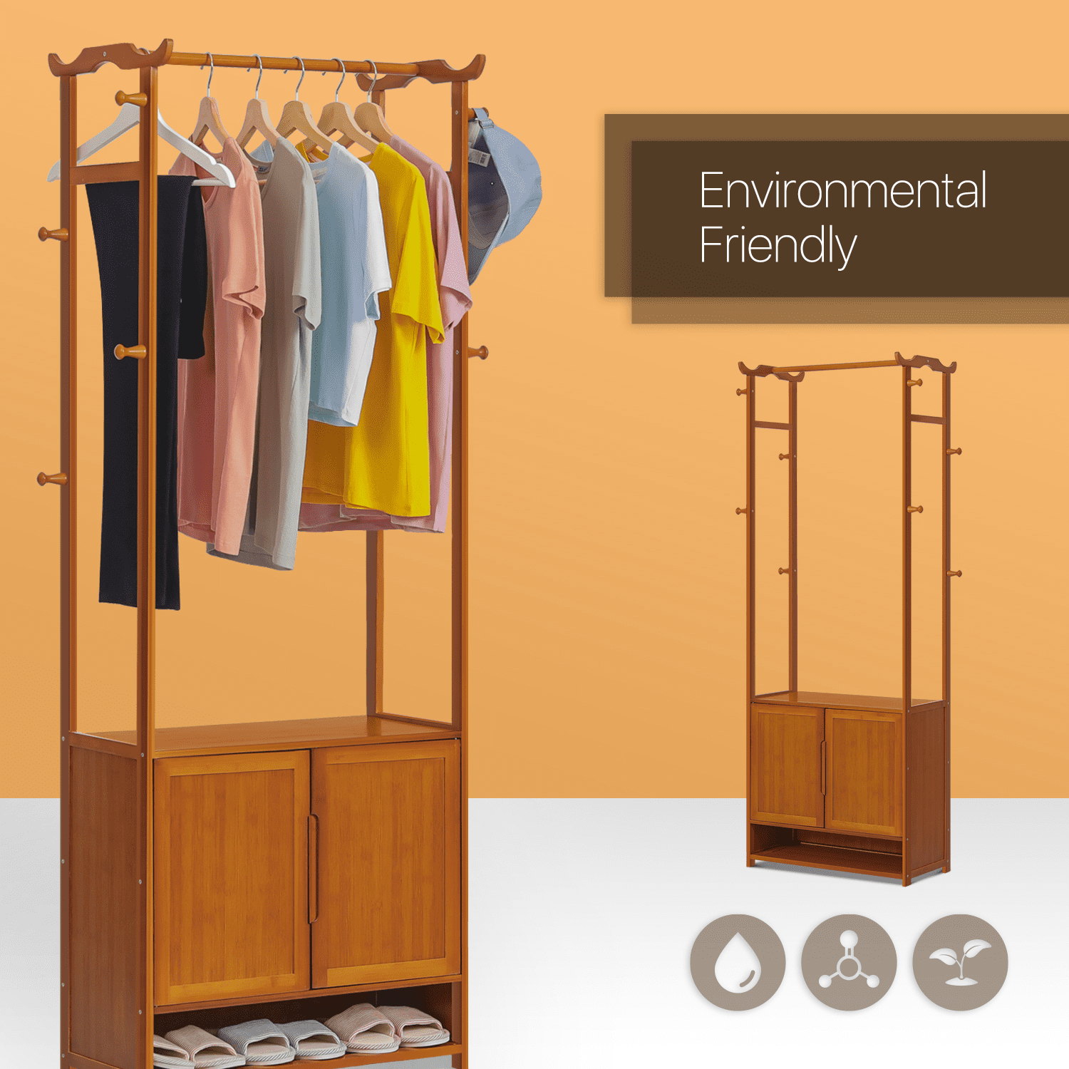 MoNiBloom Bamboo 3 Tiers Coat Rack with Door， Clothes Shoes Storage Shelf， Brown， for Bedroom