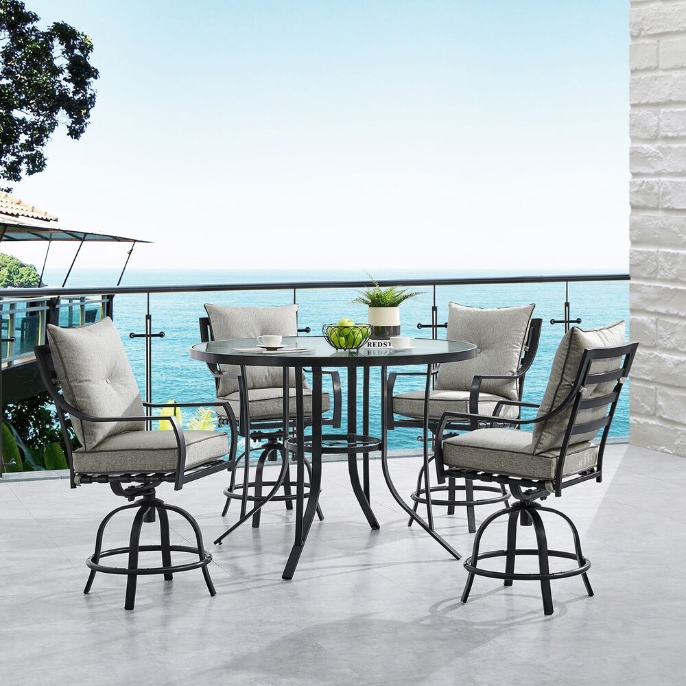 Hanover Lavallette 5 Piece Counter Height Dining Set in Silver Linings with 4 Swivel Chairs and a 52 In. Round Glass Top Table