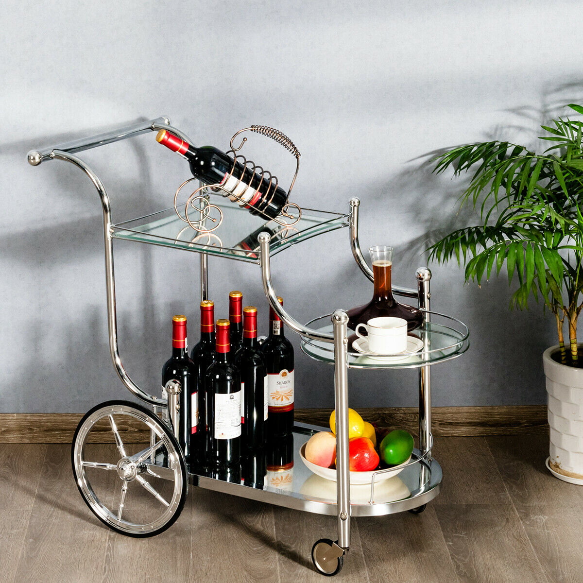 Gymax Serving Cart Kitchen Bar Wine Tea Cart Glass Shelves and Metal Frame with Wheels