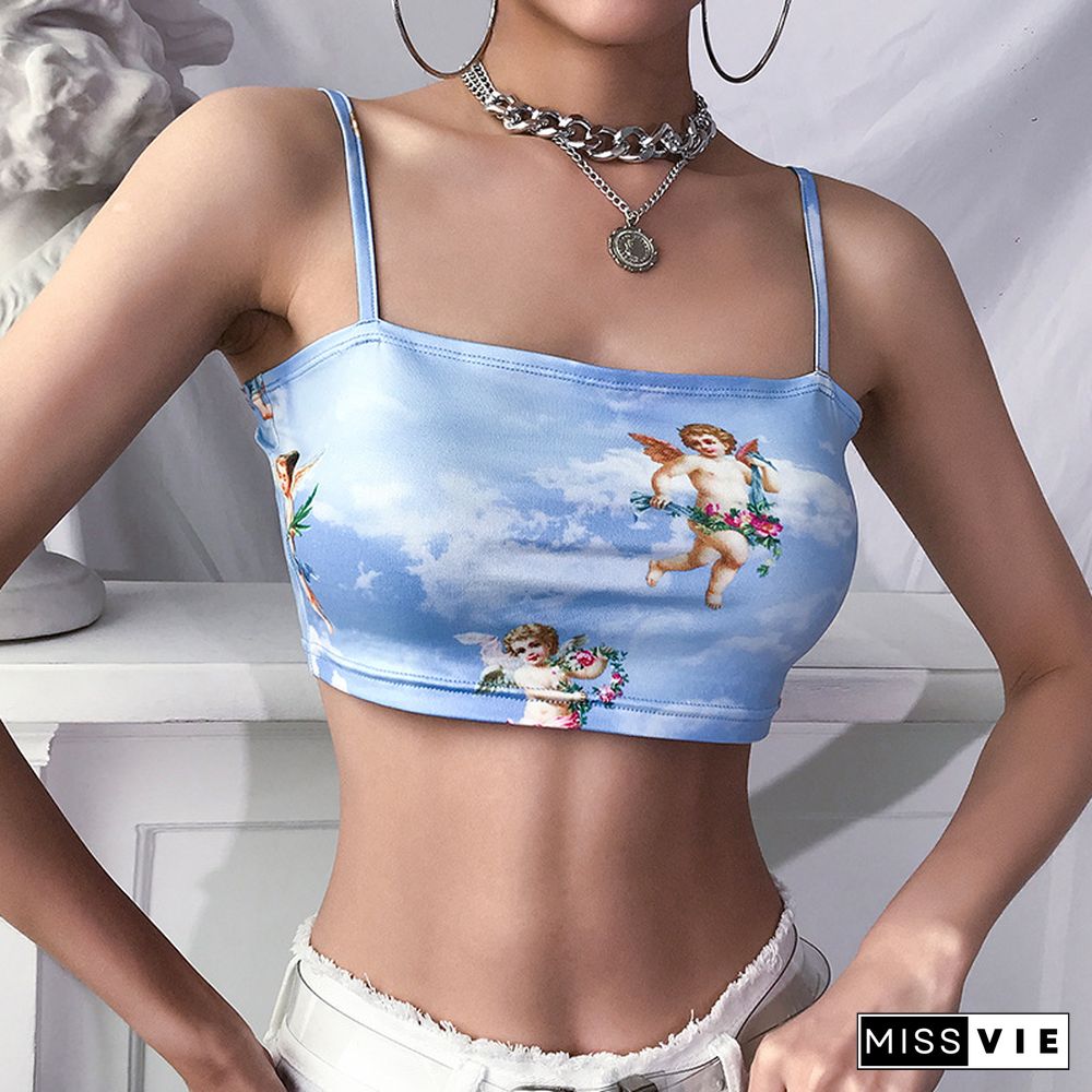 Street Style Women Camisole Sling Top Vest Sleeveless Cold Shoulder The Angel Of Cupid Print Short Camis Female Summer Top