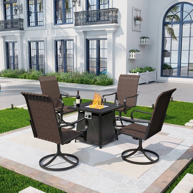 5pc Patio Dining Set With Square Steel Fire Pit With Faux Wood Tabletop amp Rattan 360 Swivel Chairs Captiva Designs