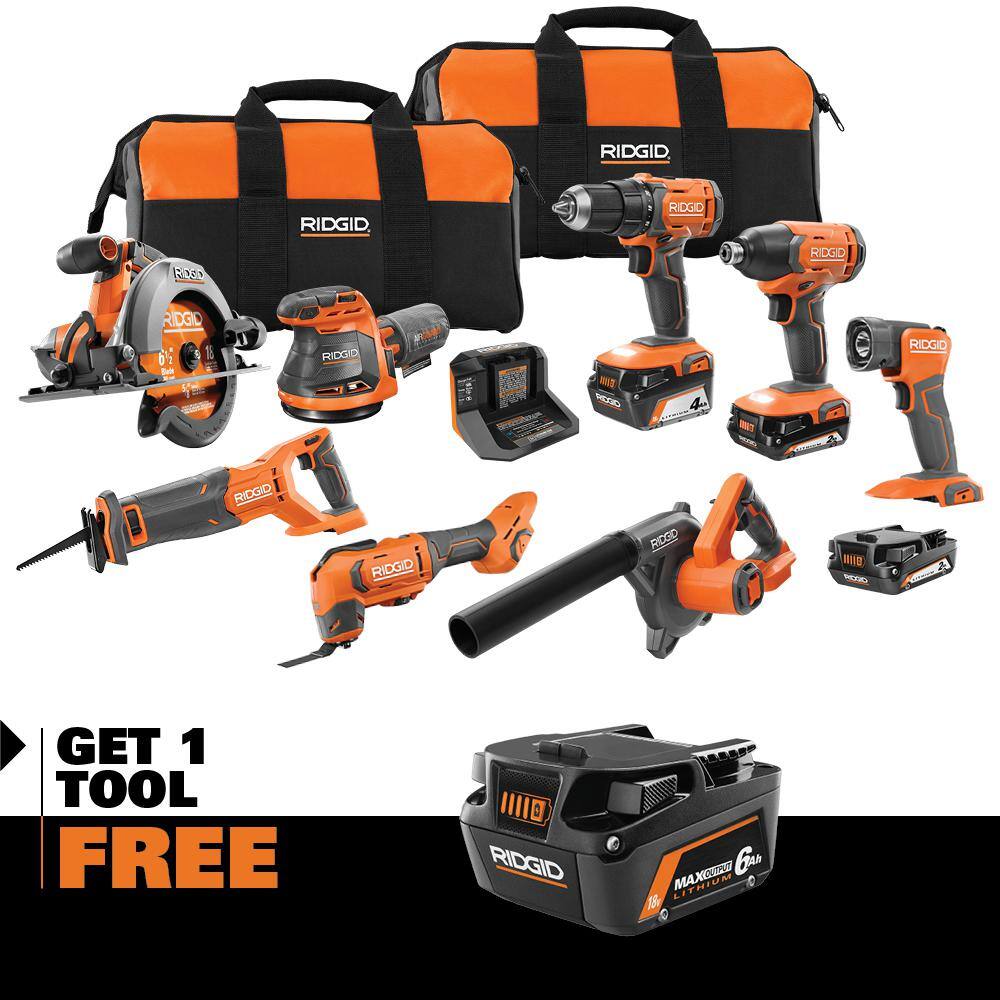 RIDGID 18V Cordless 8-Tool Combo Kit with (3) Batteries Charger and Bag with 18V 6.0 Ah MAX Output Batteries (2-Pack) R96258-AC840060PN